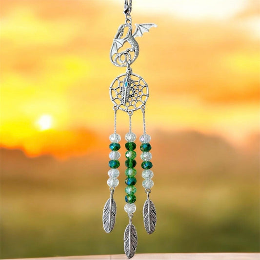 Dragon Dreamcatcher Car Charm - Green Crystal Suncatcher Rearview Mirror Hanging Accessory, Fantasy Boho Protection Ornament