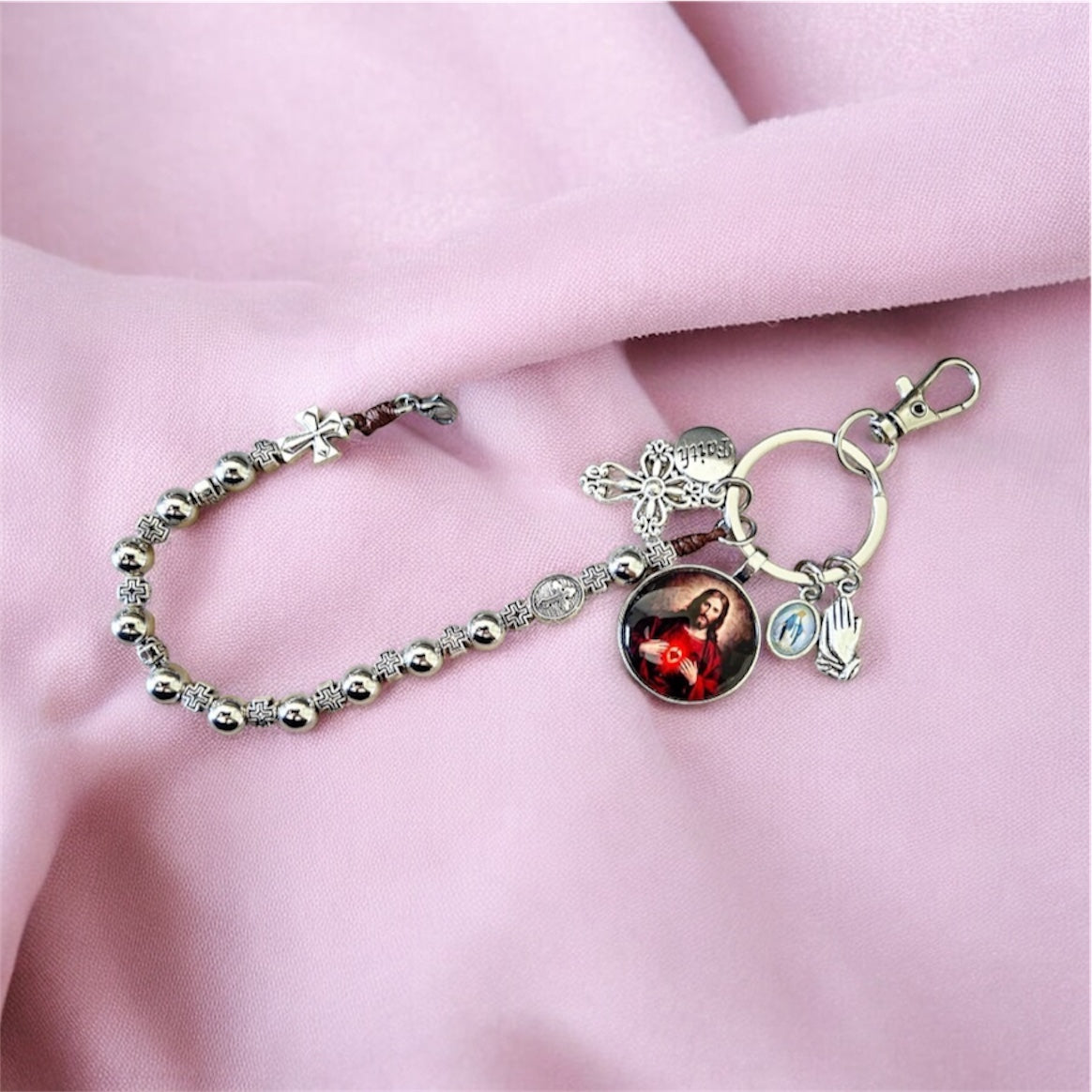 Sacred Heart of Jesus One Decade Rosary Keychain – Pocket Prayer Beads with Miraculous Medal & Catholic Charms
