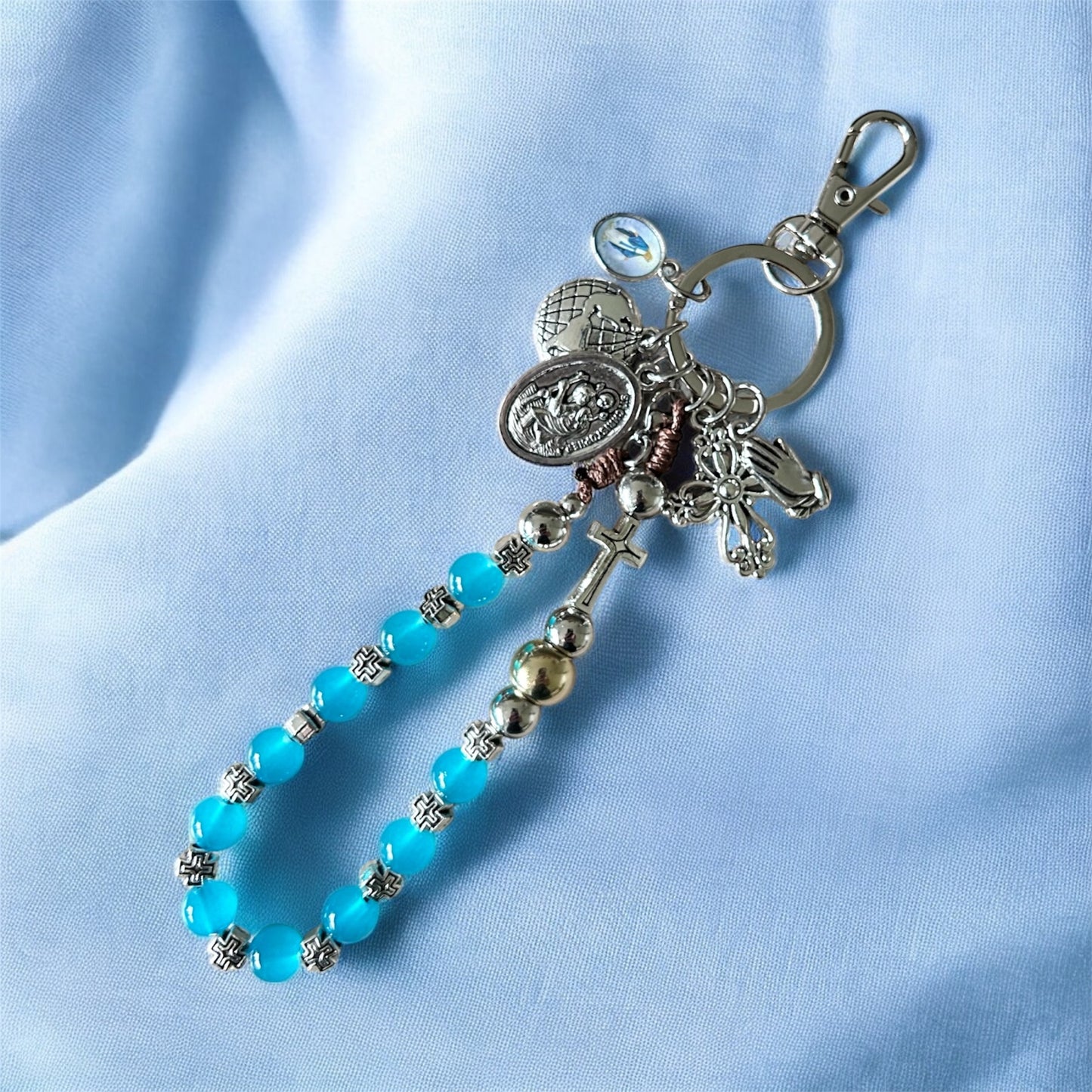 St Christopher & Praying Hands One Decade Rosary Keychain – Blue Cats Eye Prayer Beads – Catholic Travel Chaplet, Religious Protection Gift