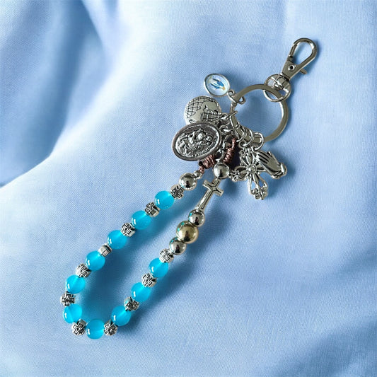St Christopher & Praying Hands One Decade Rosary Keychain – Blue Cats Eye Prayer Beads – Catholic Travel Chaplet, Religious Protection Gift
