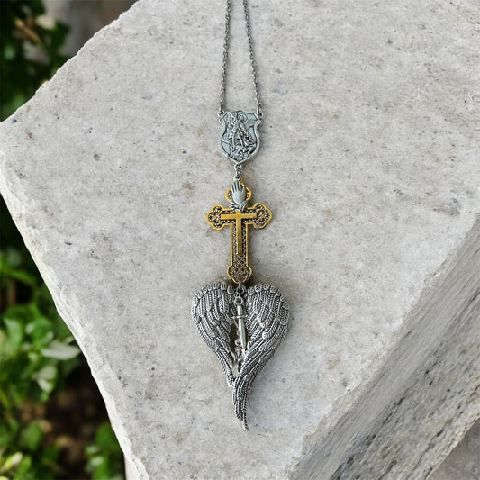 St. Michael Archangel Car Charm – Religious Rearview Mirror Hanging Ornament – Protection Cross & Angel Wings Pendant