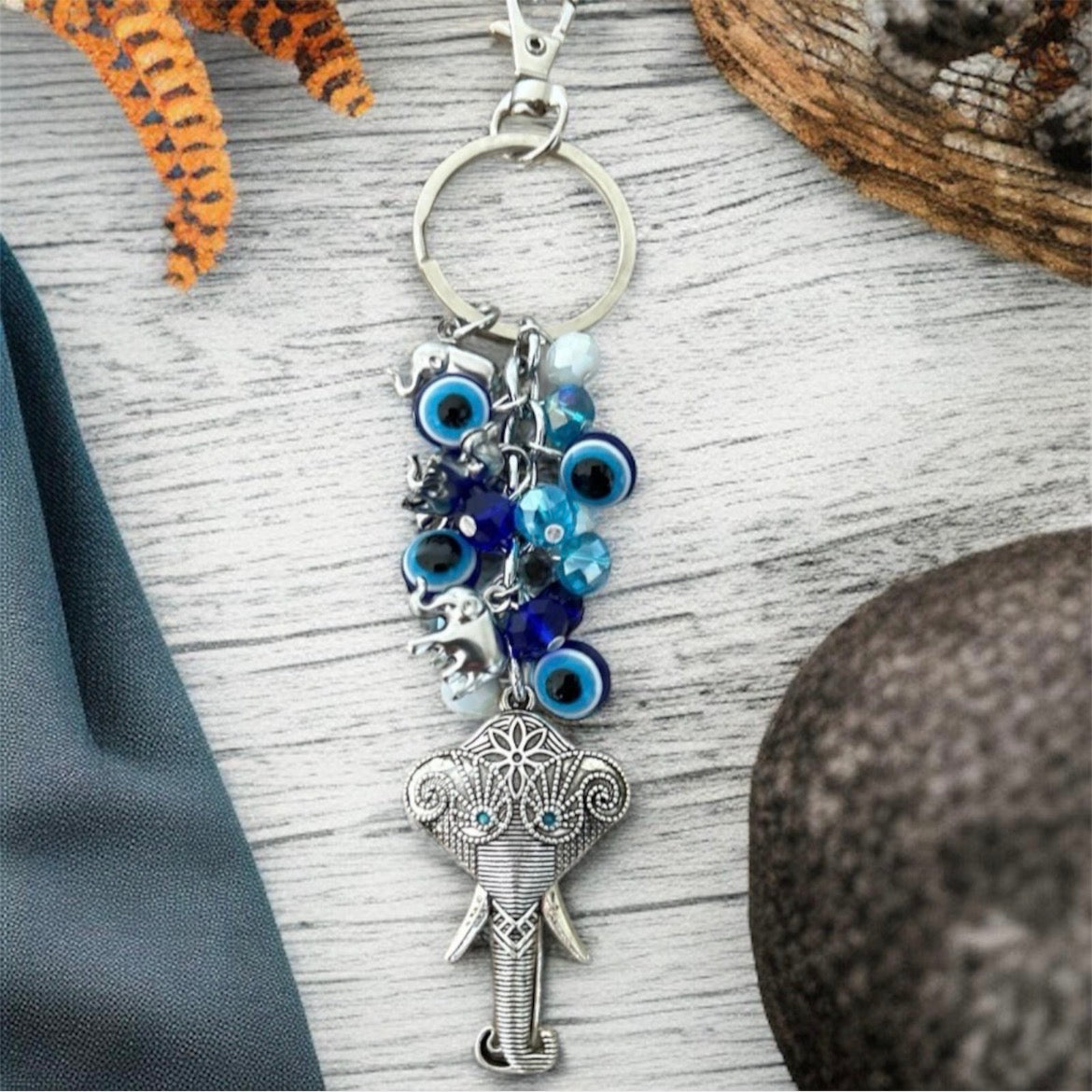 Evil Eye Elephant Keychain – Blue Nazar Protection Charm – Boho Bag Accessory & Good Luck Handbag Charm