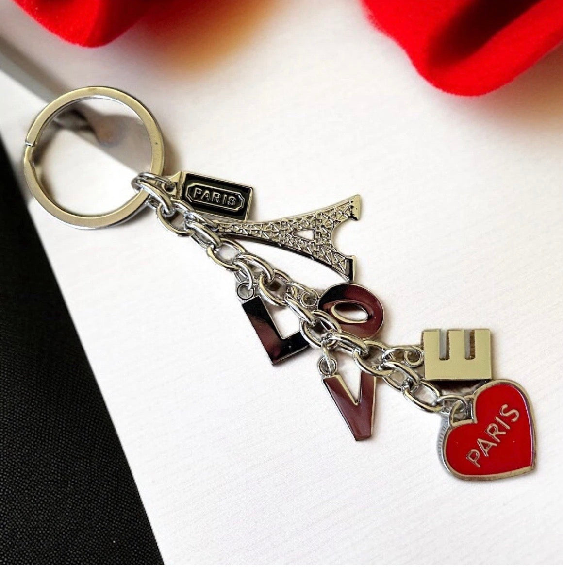 Paris Love Keychain - Eiffel Tower Charm with Red Heart & Letter Charms - French Souvenir Keyring, Romantic Gift for Her, Travel Keepsake