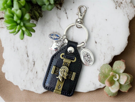 Handmade Jesus Crucifix PU Leather Keychain - Religious Car Mirror Charm & Bag Accessory - Christian Medallion Gift