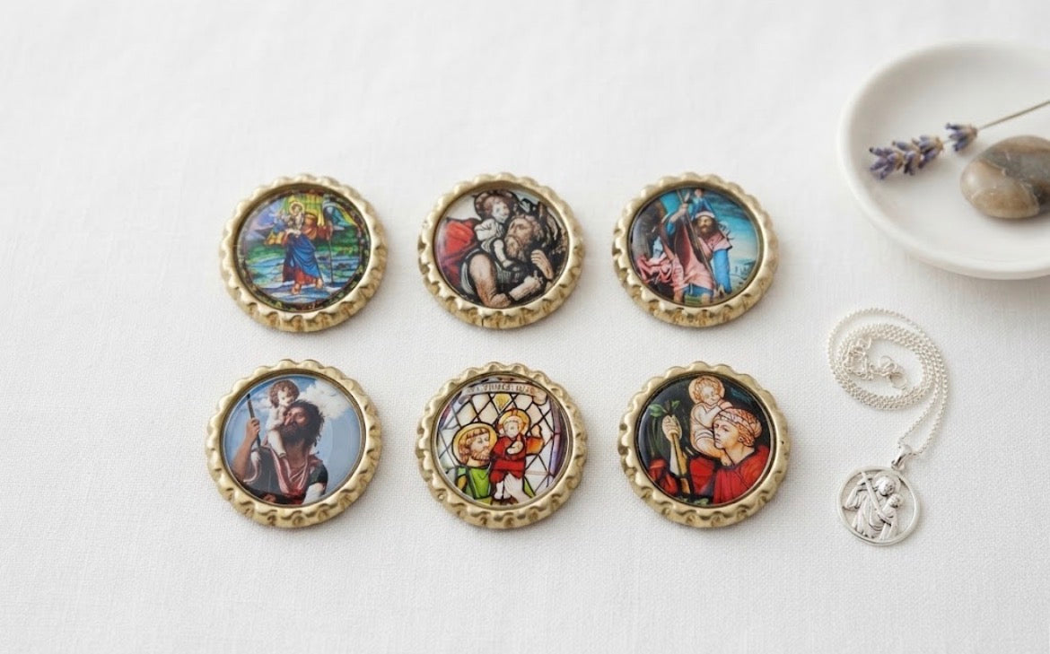 St Christopher Bottle Cap Magnets Set of 6 - Patron Saint of Travelers Gifts, Catholic Art, Traveler Protector Charm Unique Catholic Gifts