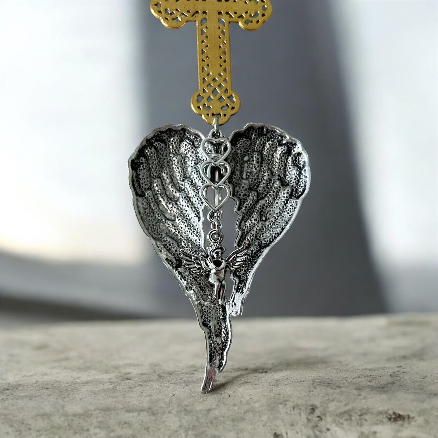 St. Michael Archangel Car Charm – Religious Rearview Mirror Hanging Ornament – Protection Cross & Angel Wings Pendant