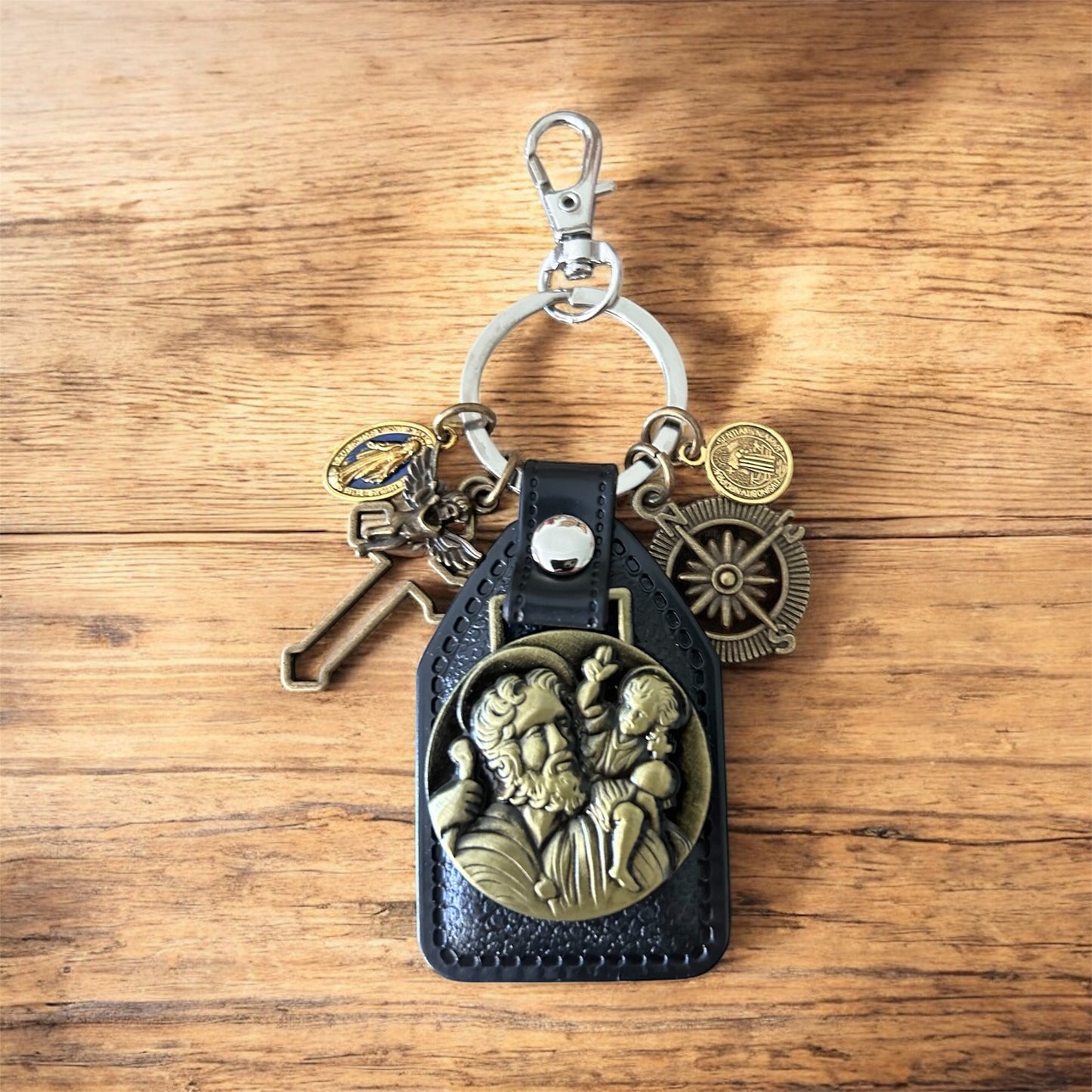 St Christopher Faux Leather Keychain & Compass Bag Charm - Antique Bronze Religious Travel Medallion