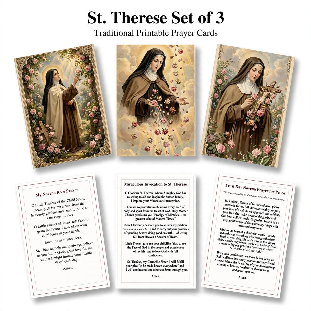 St Therese Prayer Cards Set of 3 | Novena Rose Prayer | Miraculous Invocation | Feast Day Novena | Little Flower Printable | Catholic Gift