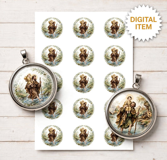 St Christopher Cabochon Bundle - 4 Vintage Patron of Travelers Designs - 25mm / 1 Inch Round Collage Sheets - 600 DPI Digital Download