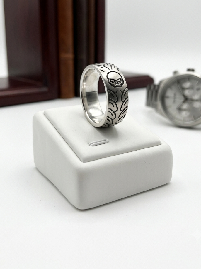 Stainless Steel Skull & Tyre Tread Biker Ring – Size 10 (20mm)