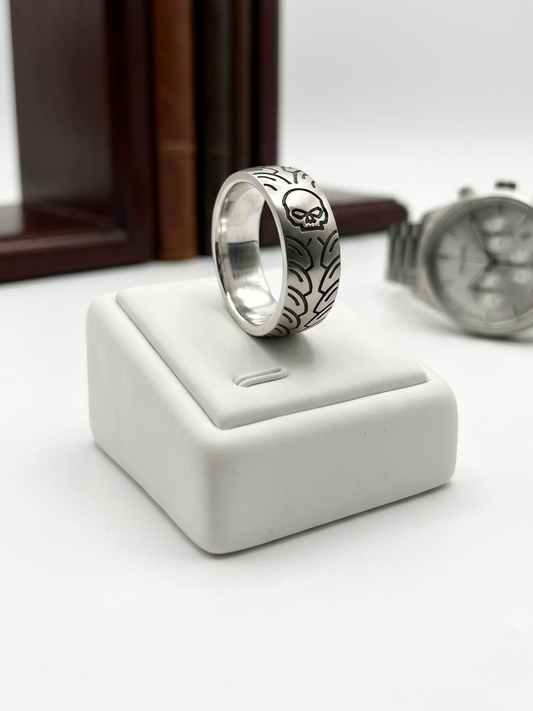 Stainless Steel Skull & Tyre Tread Biker Ring – Size 10 (20mm)