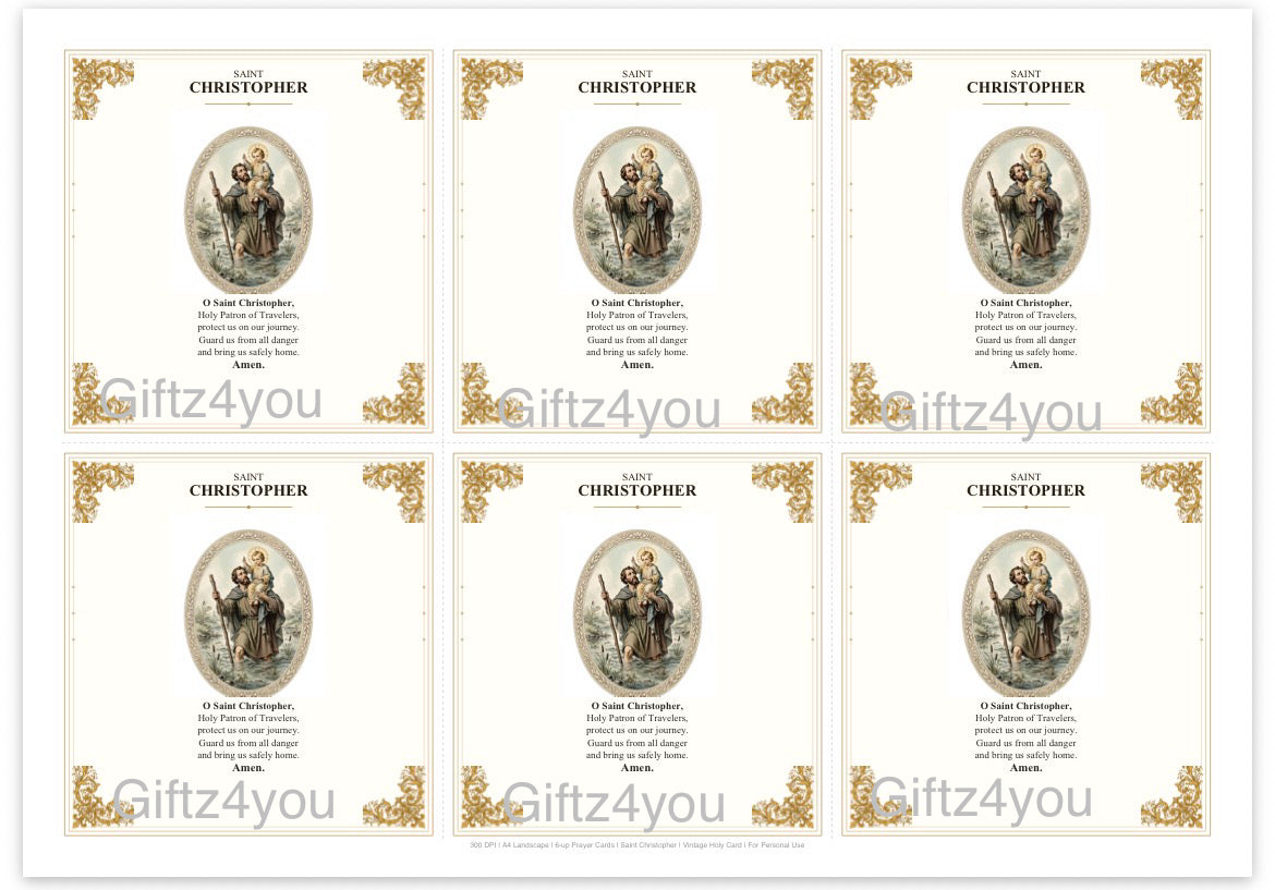 Vintage Saint Christopher Prayer Card - Printable US Letter 6-Up Sheet | 11" x 8.5" Landscape | Patron Saint of Travelers | 300 DPI