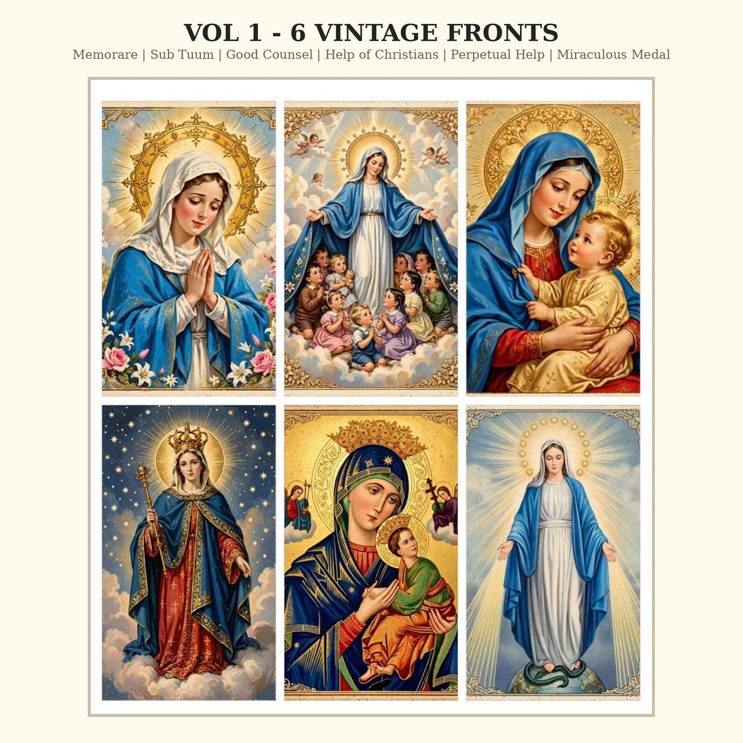 Protection Through Mary Prayer Cards | 12 Vintage Catholic Pocket Cards | A4 + US Letter | Printable Marian Protection Bundle 300 DPI