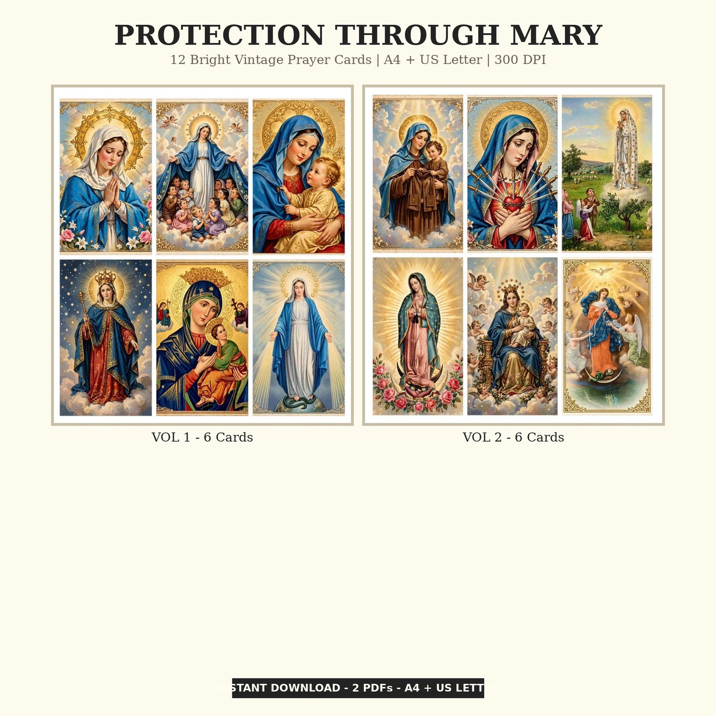 Protection Through Mary Prayer Cards | 12 Vintage Catholic Pocket Cards | A4 + US Letter | Printable Marian Protection Bundle 300 DPI