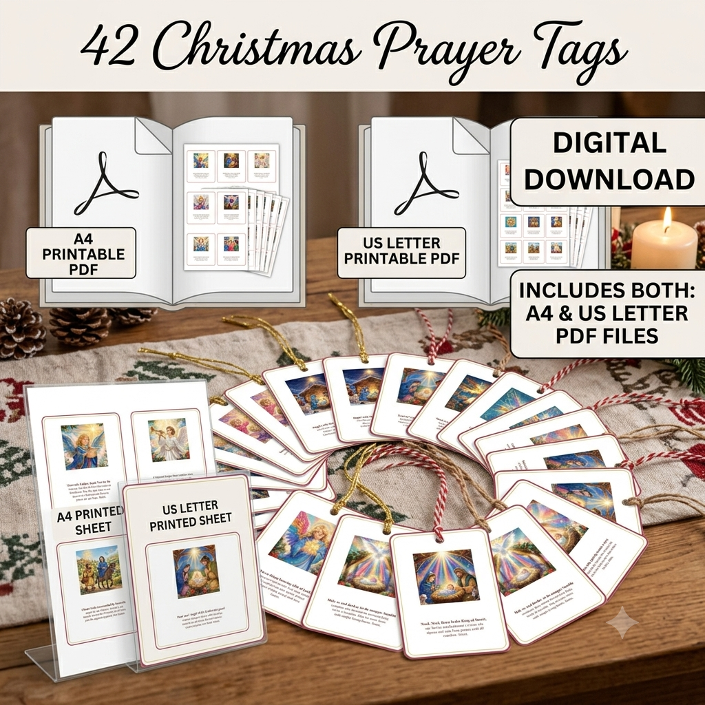 Bright & Colorful Christmas Religious Gift Tags - 42 Printable Christian Tags with Full Prayers - Nativity, Mary & Child, Angels | 300 DPI | A4 + US Letter