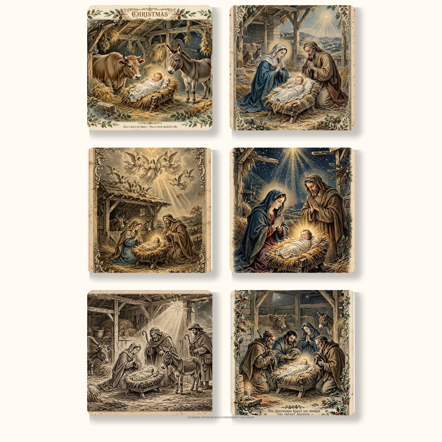 Vintage Christmas Religious Gift Tags - 42 Printable Nativity Tags - 300DPI - 7x7cm - A4 + US Letter
