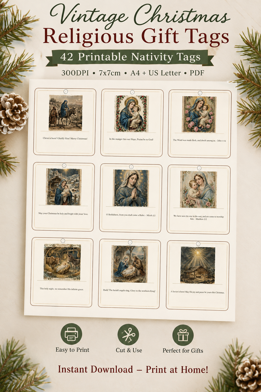 Vintage Christmas Religious Gift Tags - 42 Printable Nativity Tags - 300DPI - 7x7cm - A4 + US Letter