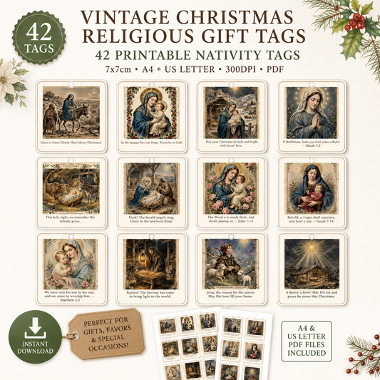 Vintage Christmas Religious Gift Tags - 42 Printable Nativity Tags - 300DPI - 7x7cm - A4 + US Letter