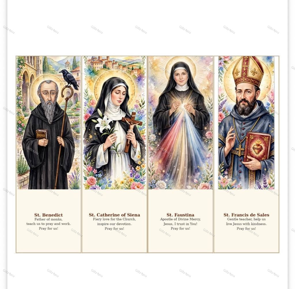 20 Popular Saint Bookmarks | Catholic Watercolor Prayer Cards | 2x6" | 300 DPI | A4 PDF | US Printable