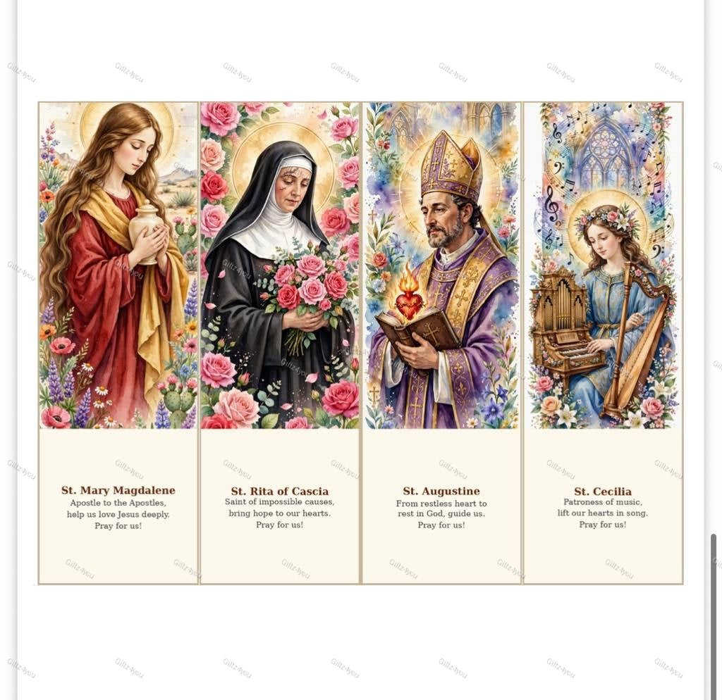 20 Popular Saint Bookmarks | Catholic Watercolor Prayer Cards | 2x6" | 300 DPI | A4 PDF | US Printable