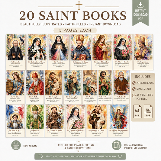 20 Popular Saint Bookmarks | Catholic Watercolor Prayer Cards | 2x6" | 300 DPI | A4 PDF | US Printable