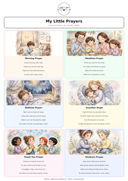 My Little Prayers - 6 Illustrated Prayers for Children | A4 + US Letter | 300 DPI Instant Download