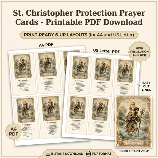 St Christopher Vintage Prayer Card Printable | Protection Prayer Cards 2.5x4.25 | A4 + US Letter 6up PDF | Instant Download