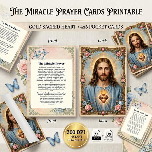 The Miracle Prayer Cards - Gold Sacred Heart Vintage 4x6 Pocket Cards - A4 + US Letter Mirrored Duplex PDF -300 DPI
