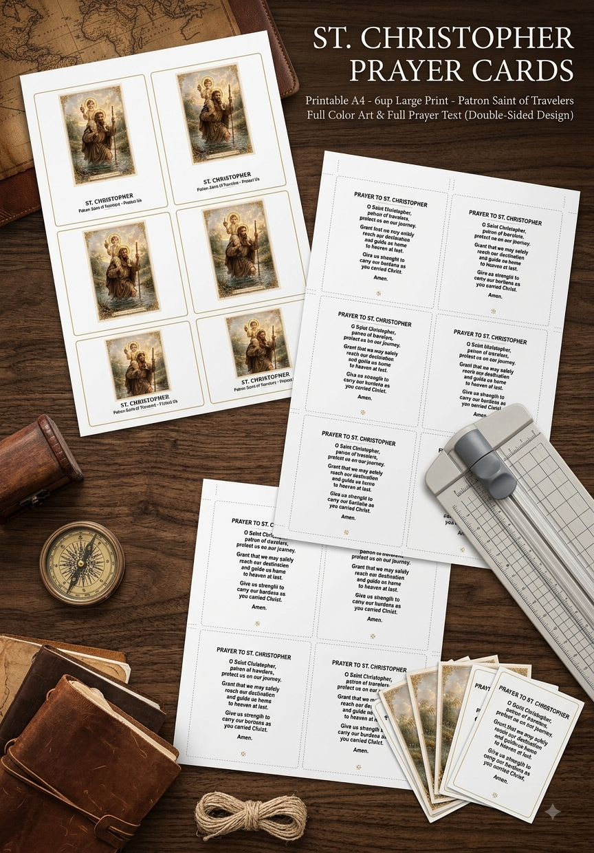 St Christopher Prayer Cards - Printable A4 - 6up Large Print - Patron Saint of Travelers