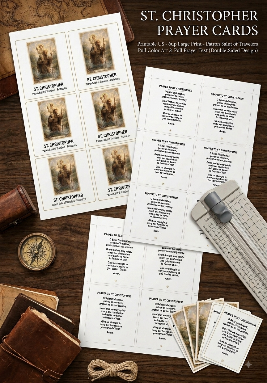 St Christopher Prayer Cards - Printable US Letter - 6up Large Print - Patron Saint of Travelers