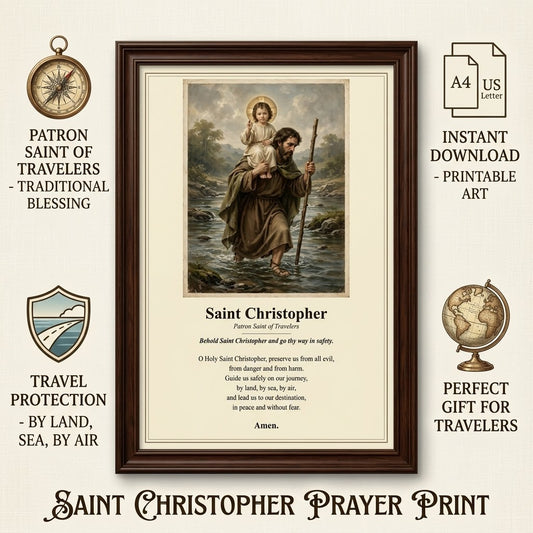 Saint Christopher Prayer Print - Traditional Travel Protection Blessing - Patron Saint of Travelers - Instant Download A4 + US Letter