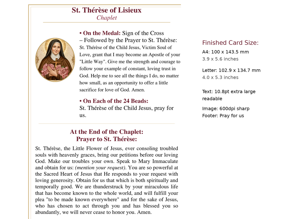 St. Thérèse Chaplet Prayer Card Printable | St. Thérèse of Lisieux Chaplet Cards | Catholic Prayer Card Bundle - A4 + US Letter