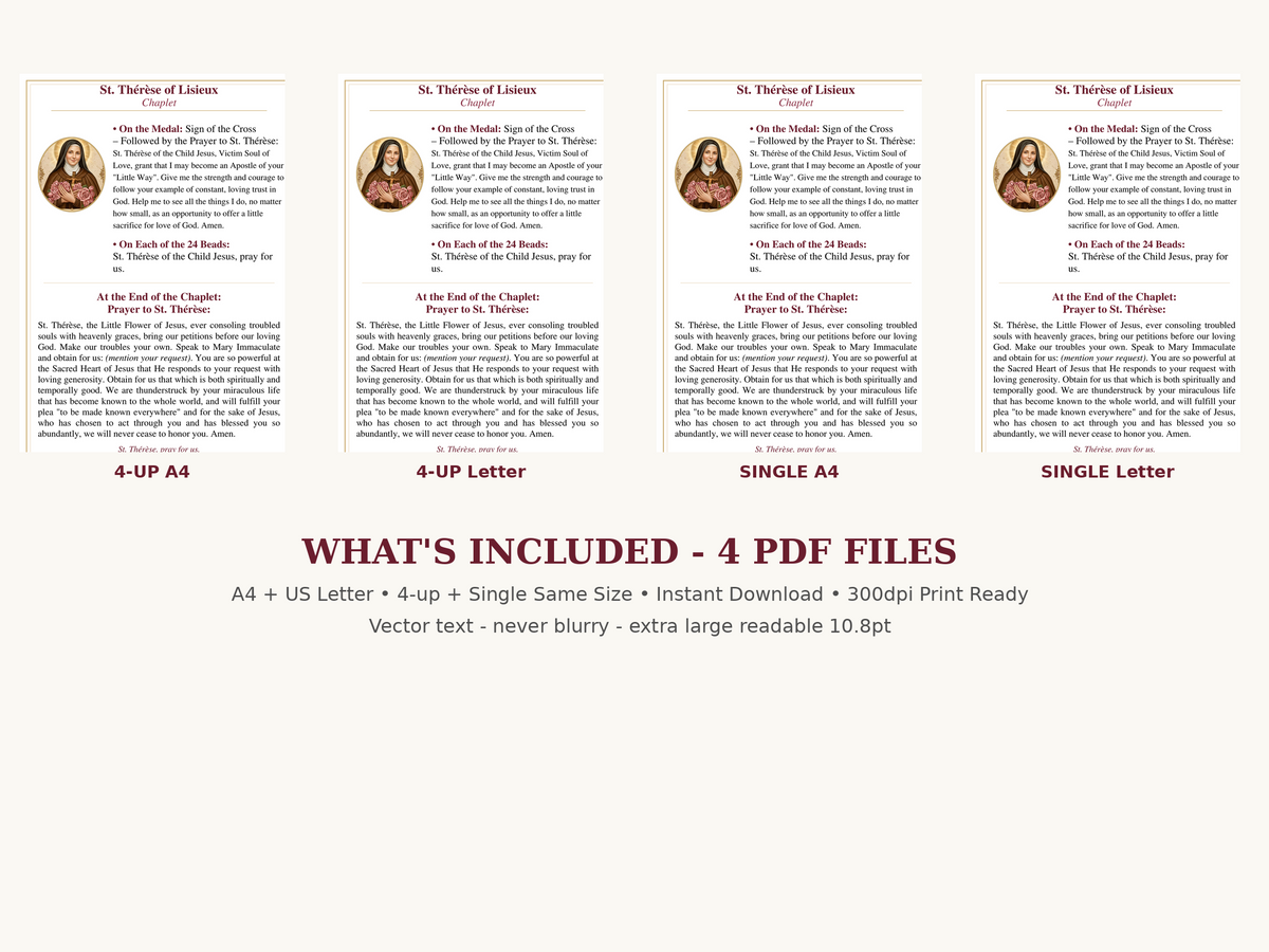 St. Thérèse Chaplet Prayer Card Printable | St. Thérèse of Lisieux Chaplet Cards | Catholic Prayer Card Bundle - A4 + US Letter