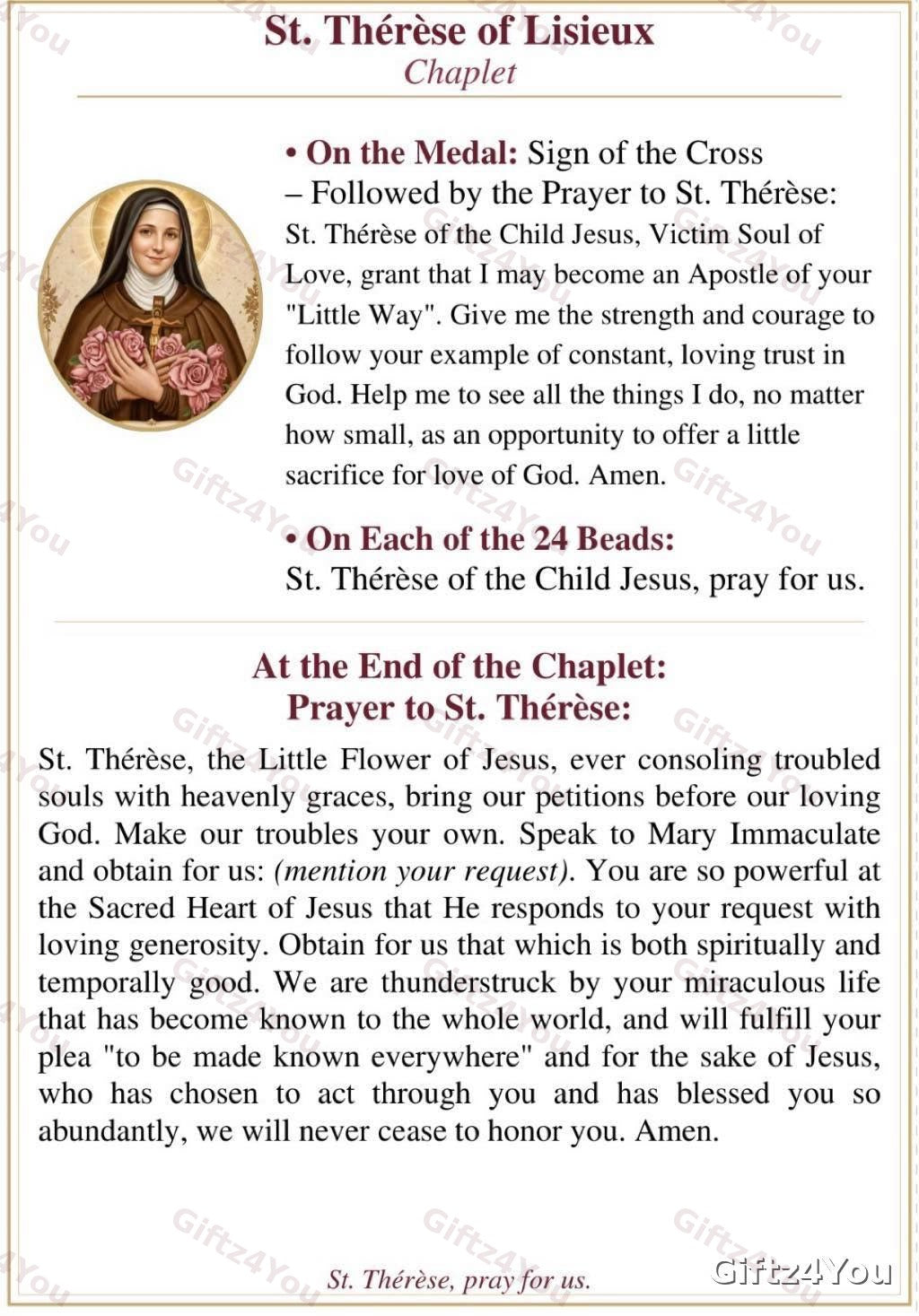 St. Thérèse Chaplet Prayer Card Printable | St. Thérèse of Lisieux Chaplet Cards | Catholic Prayer Card Bundle - A4 + US Letter