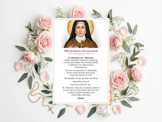 St. Thérèse Miraculous Invocation Prayer Card Bundle - 3 Sizes 2.5x3.5 2.5x4 4x6 - Printable A4 & Letter - Instant Download - White Gold