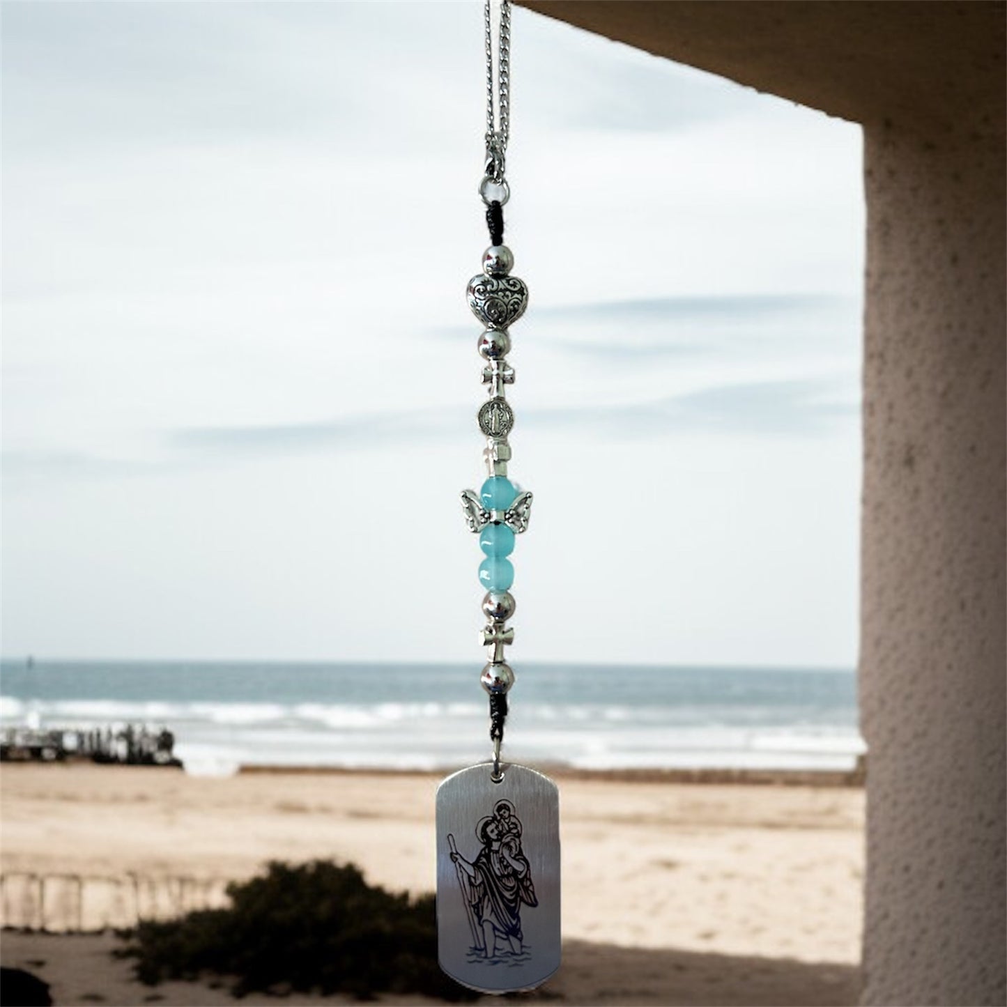 St. Christopher Car Charm - Christian Rear View Mirror Hanging Accessory - Protection & Travel Blessing Jewelry with Blue Angel Beads
