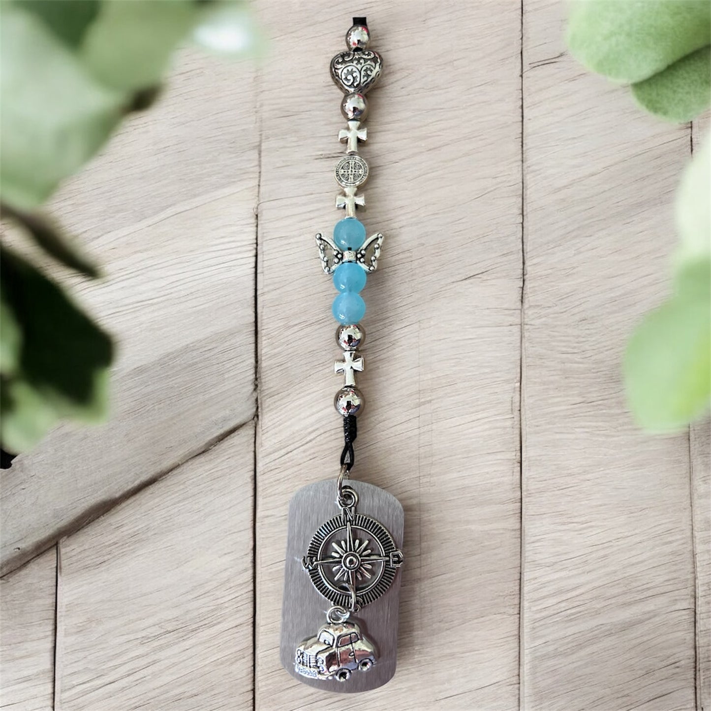 St. Christopher Car Charm - Christian Rear View Mirror Hanging Accessory - Protection & Travel Blessing Jewelry with Blue Angel Beads