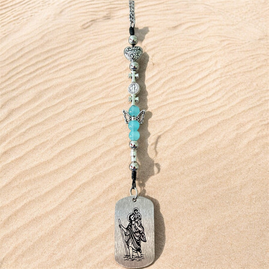St. Christopher Car Charm - Christian Rear View Mirror Hanging Accessory - Protection & Travel Blessing Jewelry with Blue Angel Beads