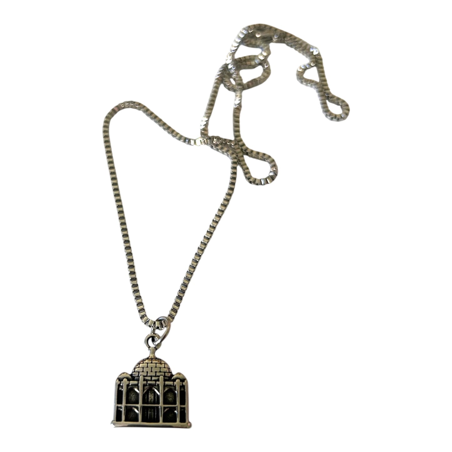 Stainless Steel Taj Mahal Pendant Necklace - Silver Box Chain - Landmark Travel Jewelry for Men & Women