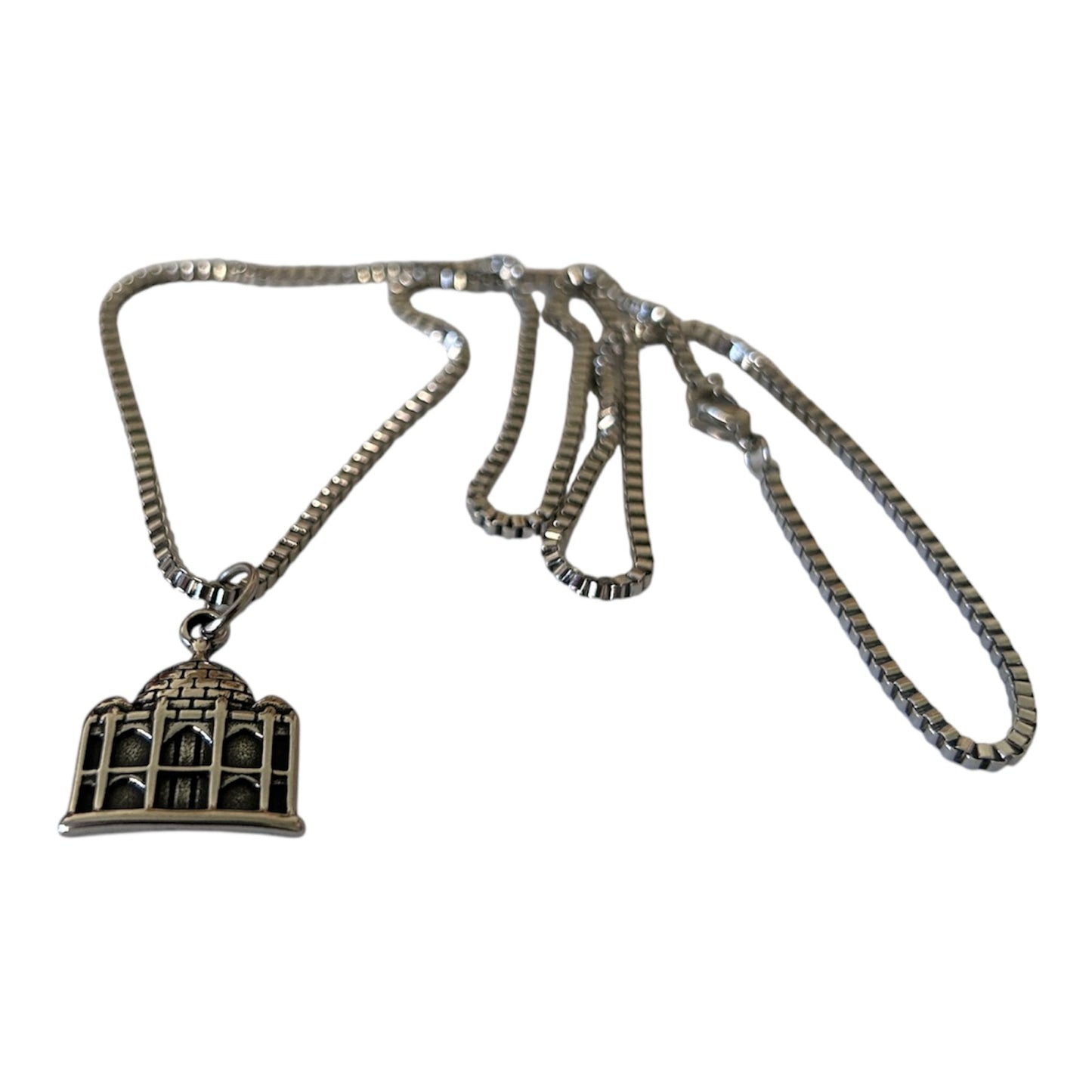 Stainless Steel Taj Mahal Pendant Necklace - Silver Box Chain - Landmark Travel Jewelry for Men & Women