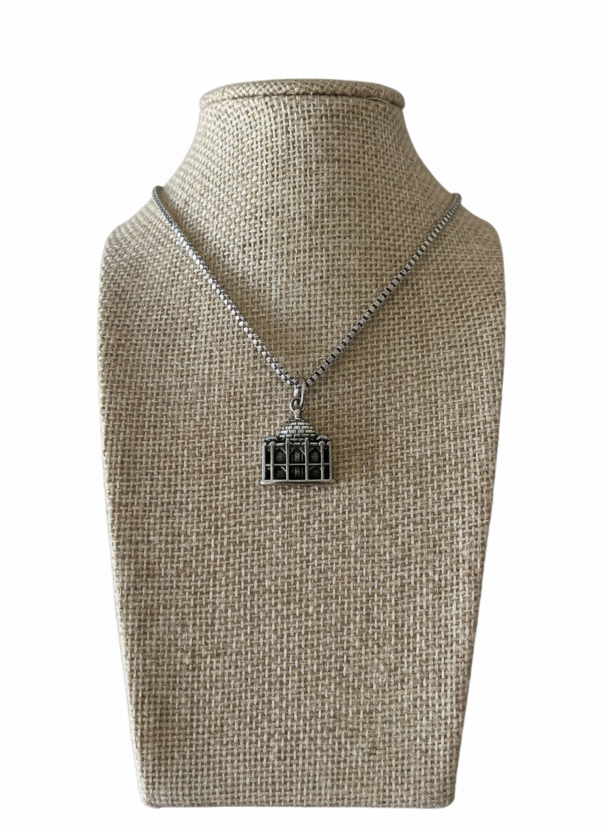 Stainless Steel Taj Mahal Pendant Necklace - Silver Box Chain - Landmark Travel Jewelry for Men & Women