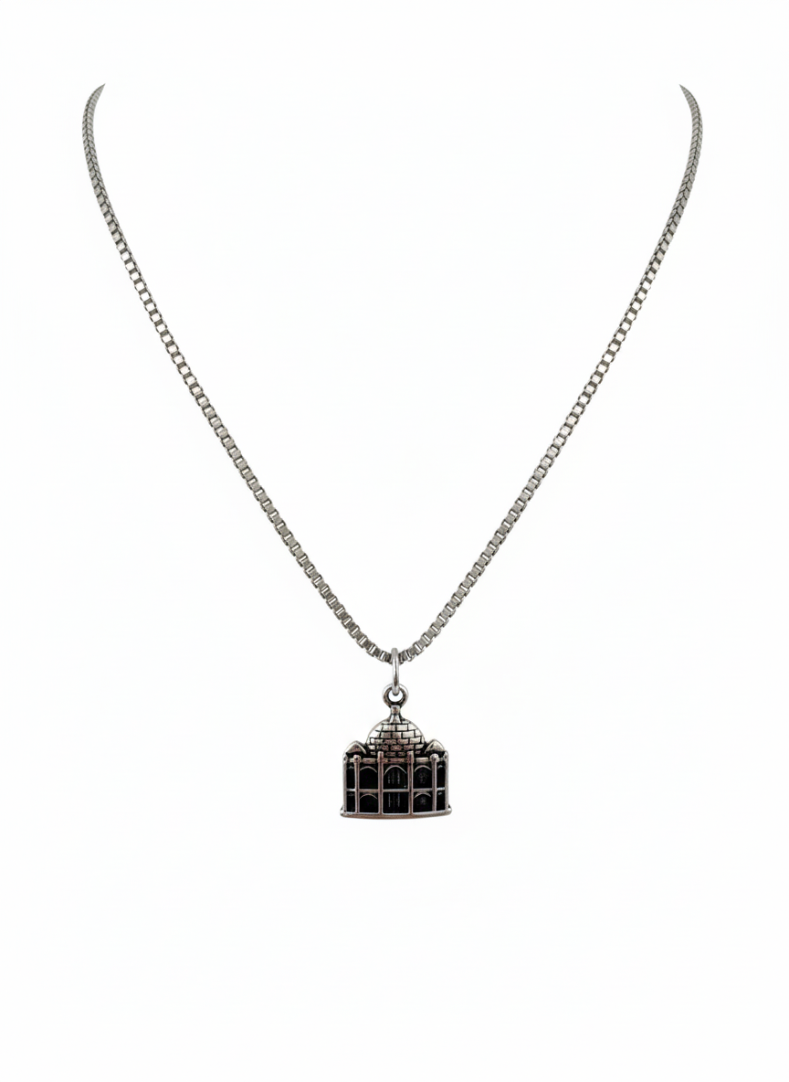 Stainless Steel Taj Mahal Pendant Necklace - Silver Box Chain - Landmark Travel Jewelry for Men & Women