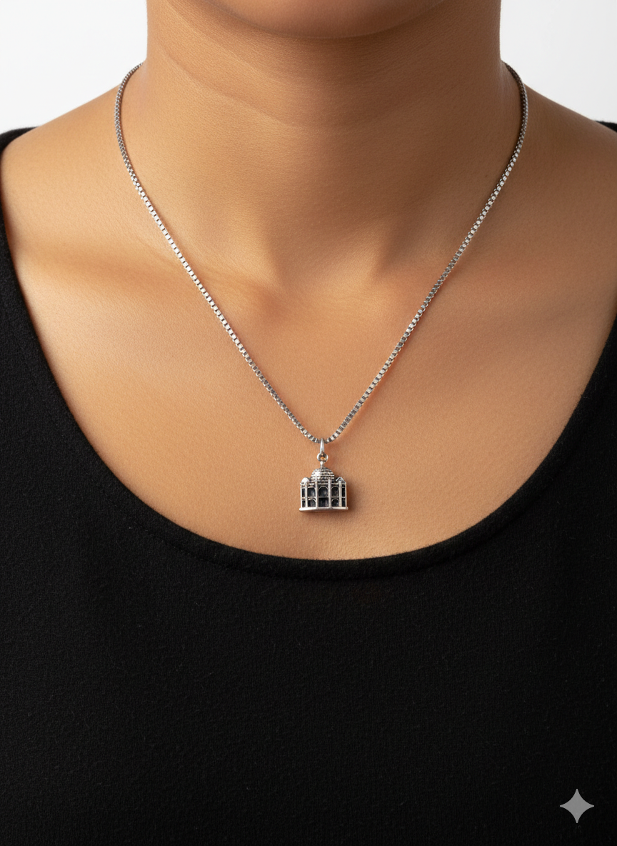 Stainless Steel Taj Mahal Pendant Necklace - Silver Box Chain - Landmark Travel Jewelry for Men & Women