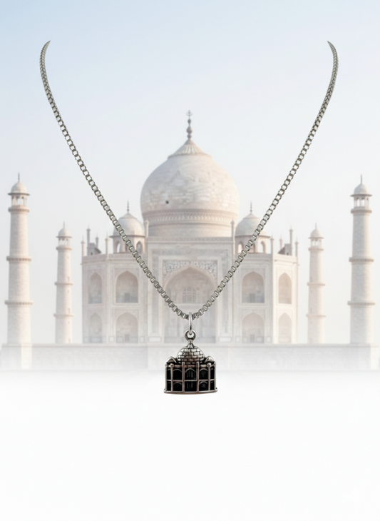 Stainless Steel Taj Mahal Pendant Necklace - Silver Box Chain - Landmark Travel Jewelry for Men & Women