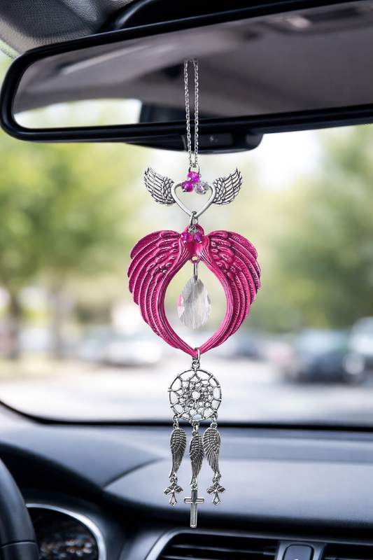 Pink Angel Wing Car Charm with Dreamcatcher & Cross | Rearview Mirror Hanging Ornament | Guardian Angel Crystal Car Decor Gift