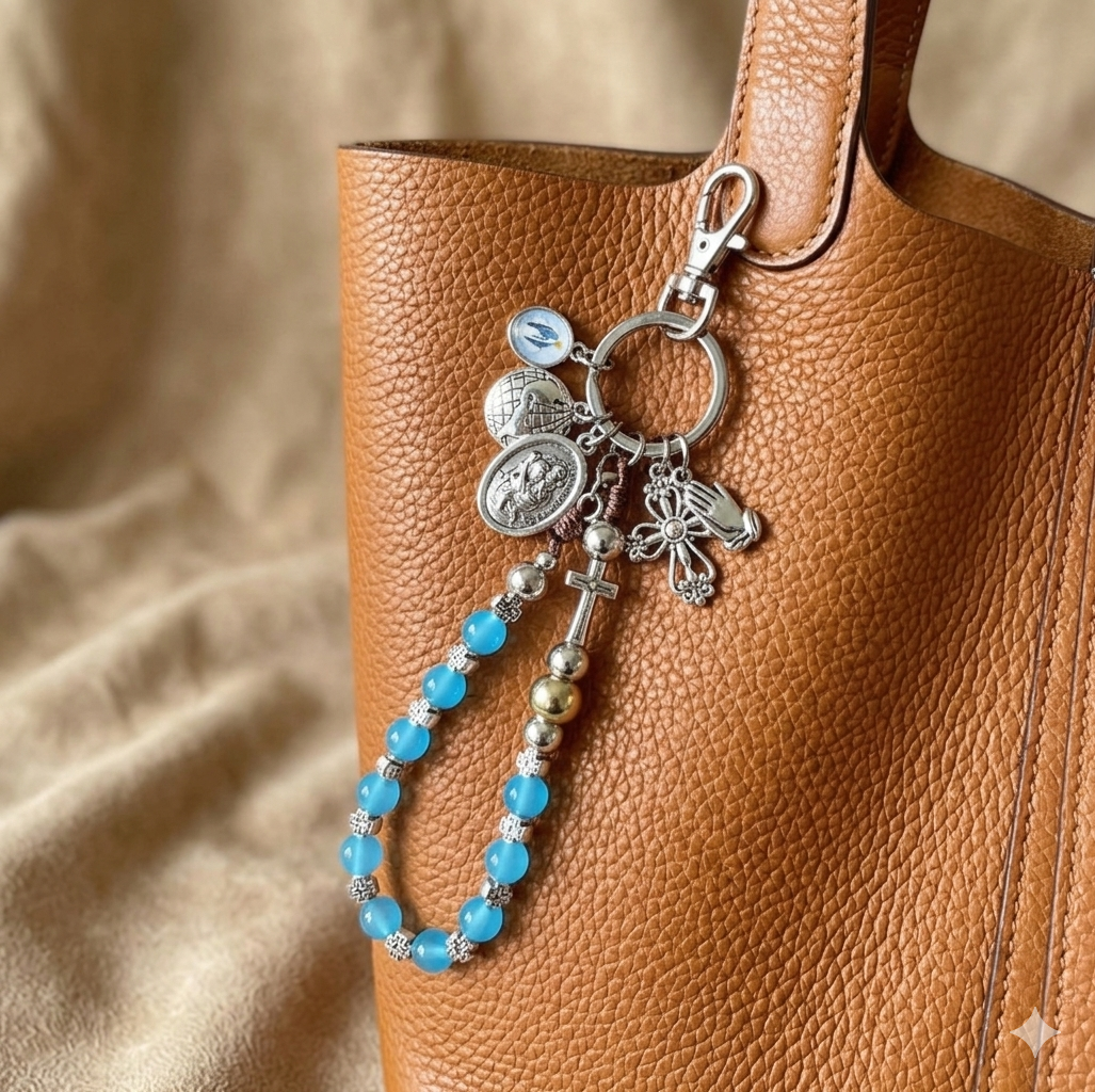 St Christopher & Praying Hands One Decade Rosary Keychain – Blue Cats Eye Prayer Beads – Catholic Travel Chaplet, Religious Protection Gift