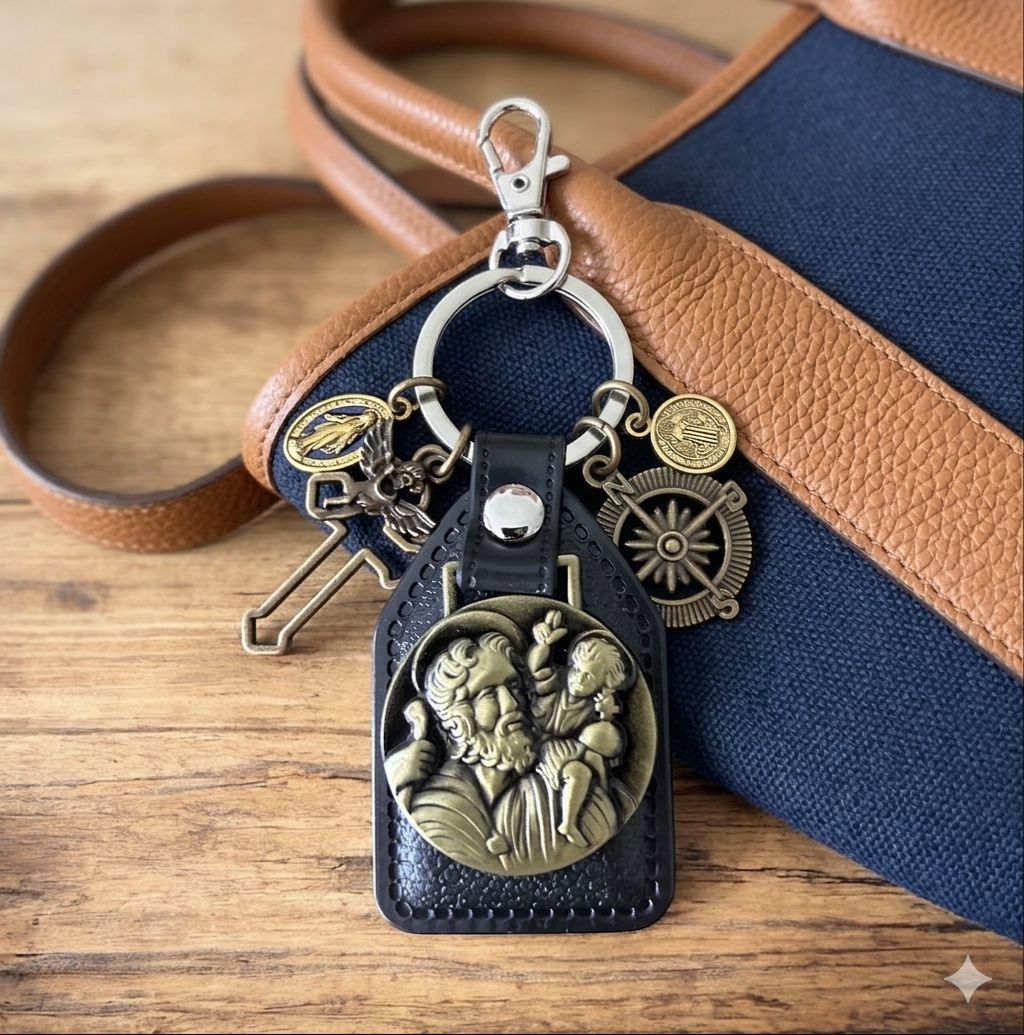 St Christopher Faux Leather Keychain & Compass Bag Charm - Antique Bronze Religious Travel Medallion