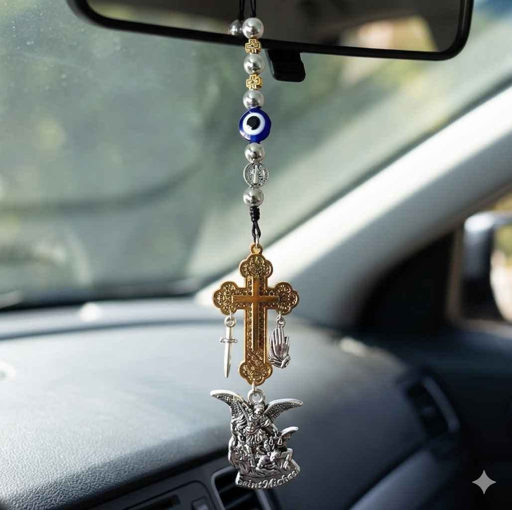 Saint Michael & Evil Eye Protection Car Charm - Gold Color Cross, Sword, & Praying Hands Mirror Hanger