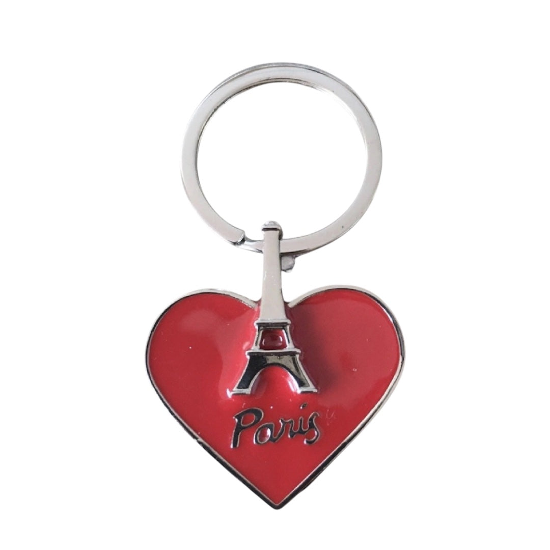 Paris Eiffel Tower Heart Keychain – Red Enamel Bag Charm & Souvenir Gift – Double-Sided Metal Keyring