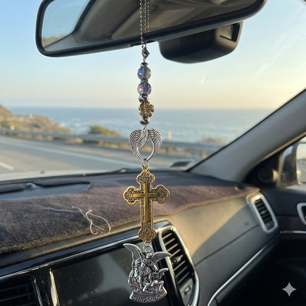 St Michael Archangel Car Charm Cross Angel Wings Catholic Hanging Decor Protection Gift